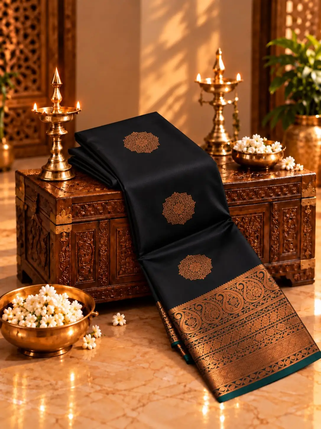 Copper Zari Motif Rich Pallu Soft Silk Saree